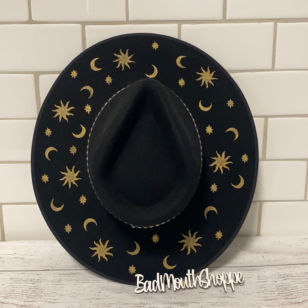 *Luna Bloom SAROS Black Gold Sun Moon 90s Vibes Hand Painted Wide Brim Hat